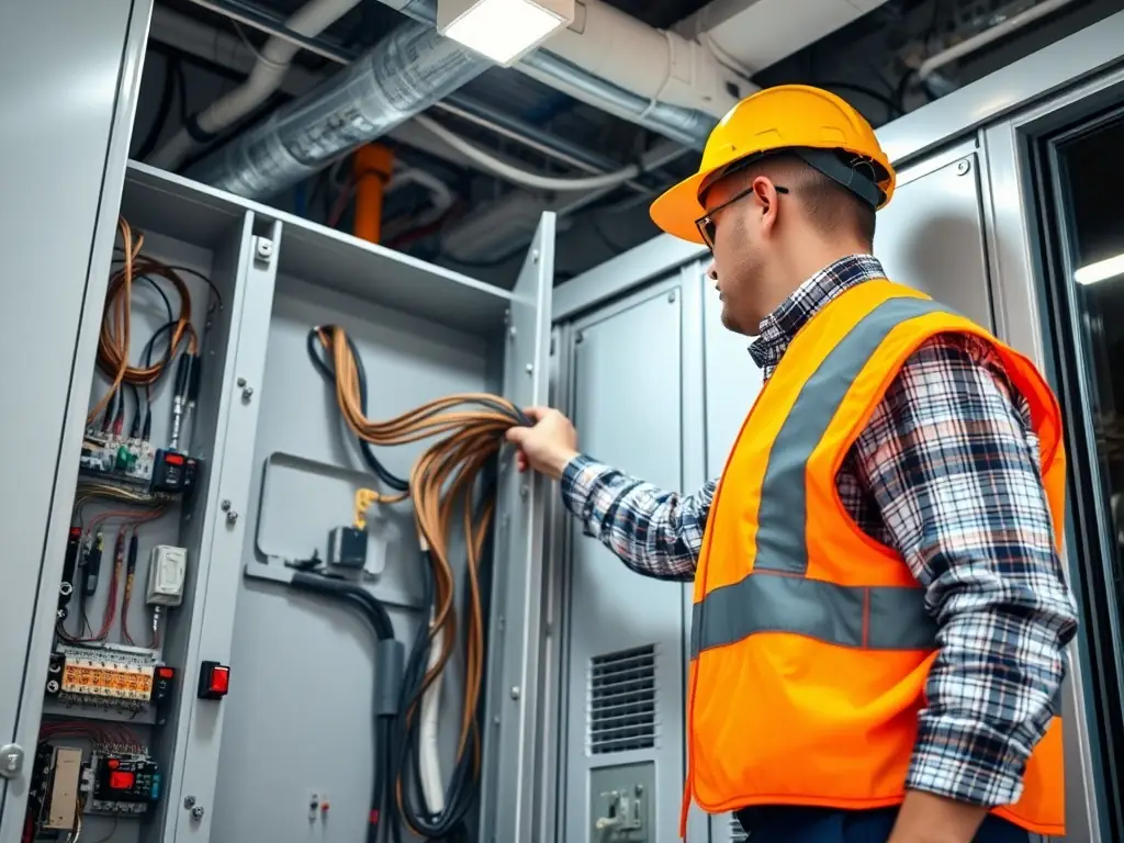 An electrician installing a complex commercial electrical system in a modern office building.
