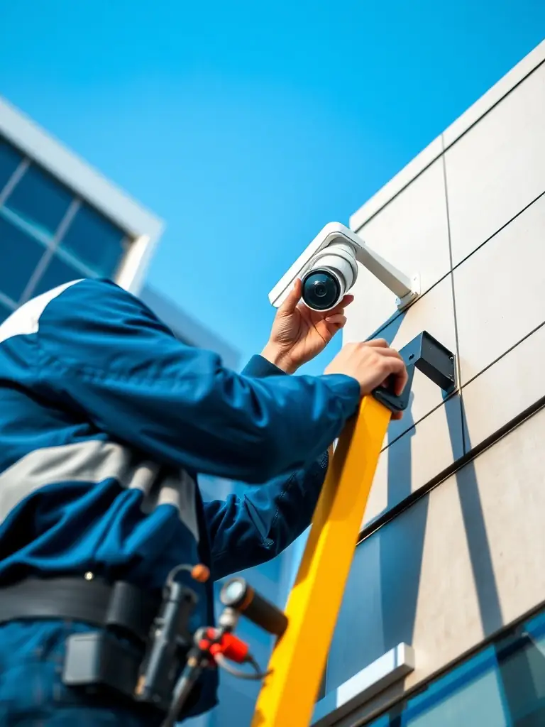 A technician installing a security camera on a building.