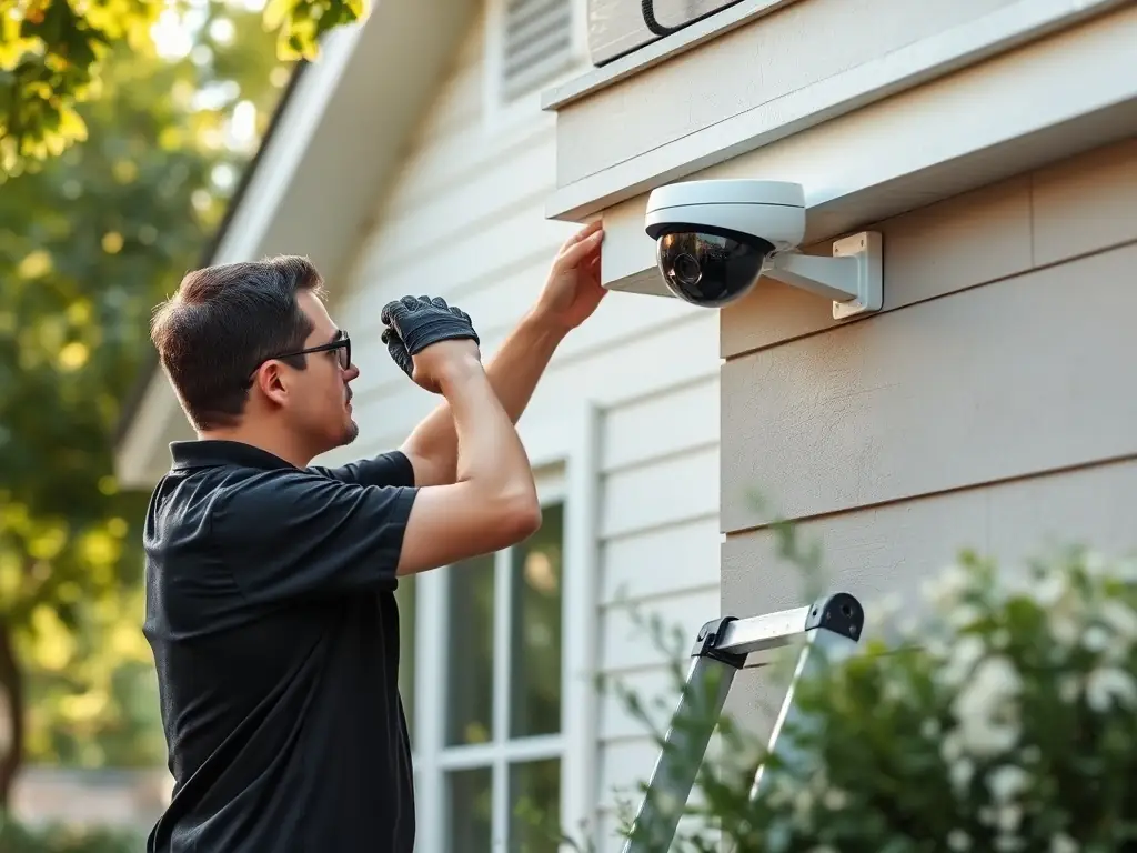 Security technician installing a camera on a suburban home.